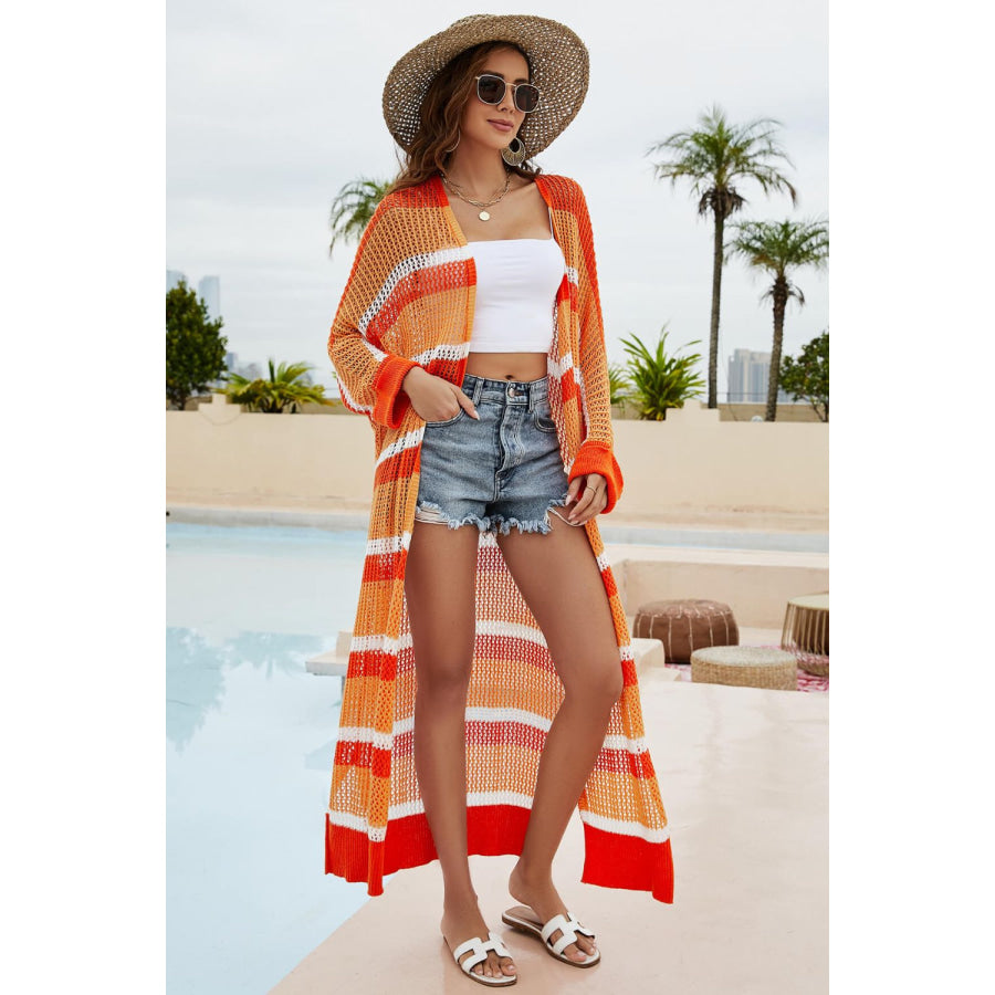 Striped Open Front Side Slit Duster Cover Up Orange / S Apparel and Accessories