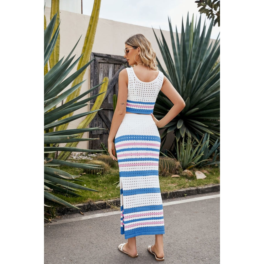 Striped Openwork Cropped Tank and Split Skirt Set