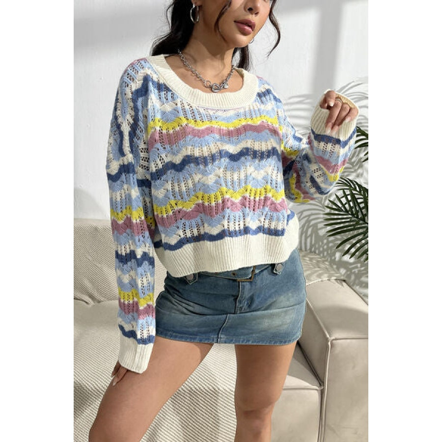 Striped Openwork Dropped Shoulder Sweater Clothing