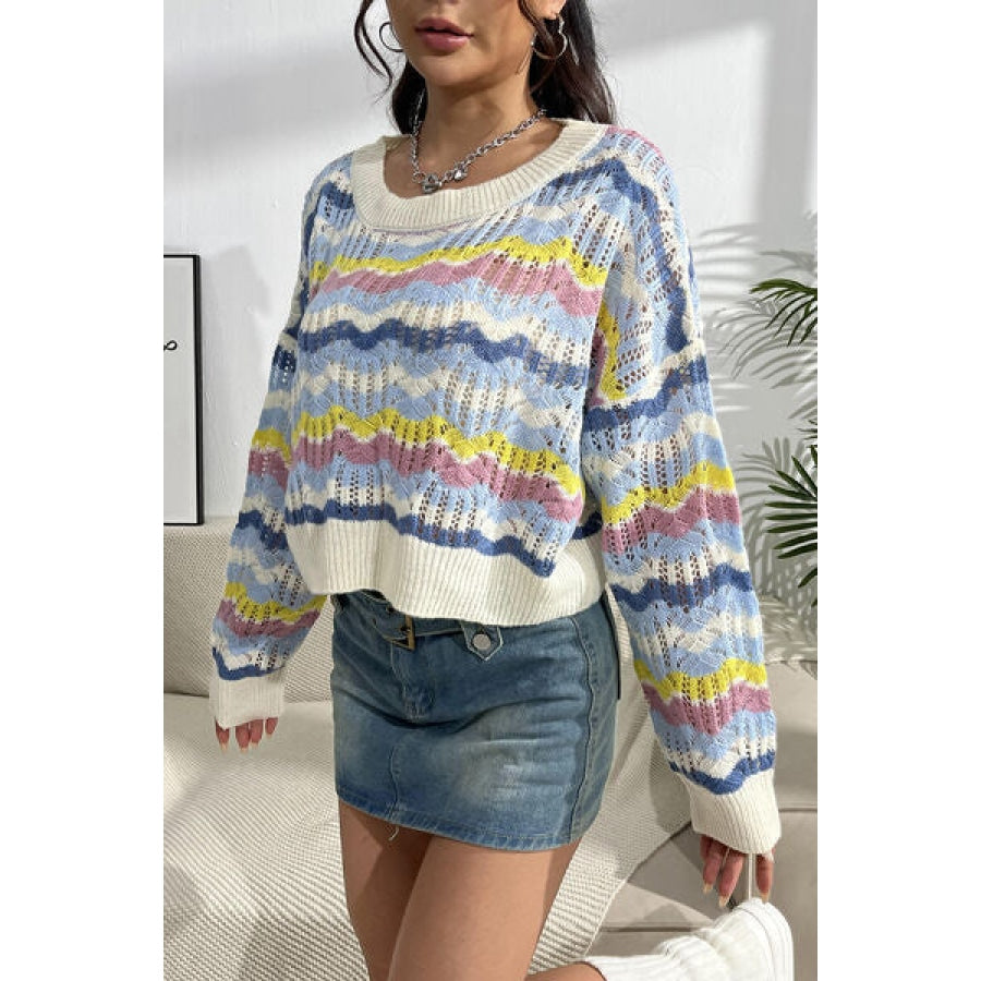 Striped Openwork Dropped Shoulder Sweater Clothing