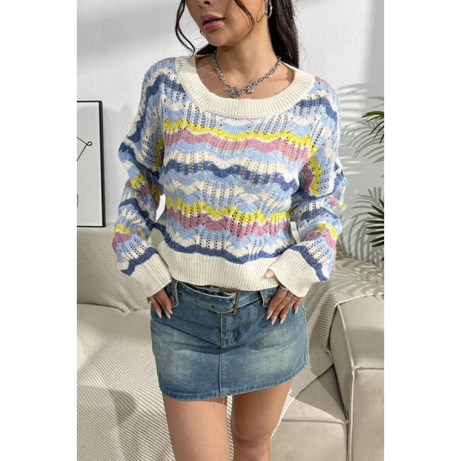 Striped Openwork Dropped Shoulder Sweater Multicolor / S Clothing