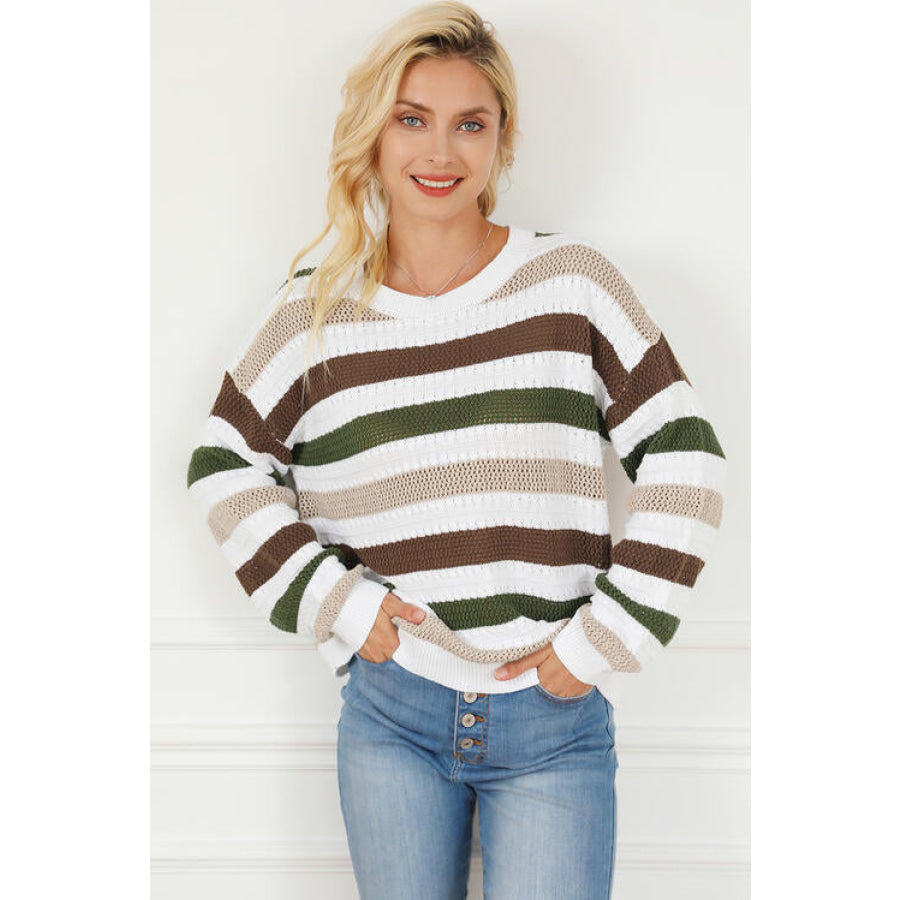 Striped Openwork Dropped Shoulder Sweater Multicolor / S