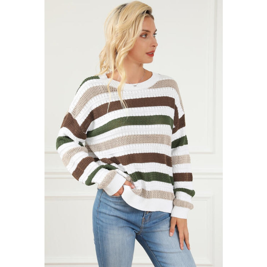 Striped Openwork Dropped Shoulder Sweater