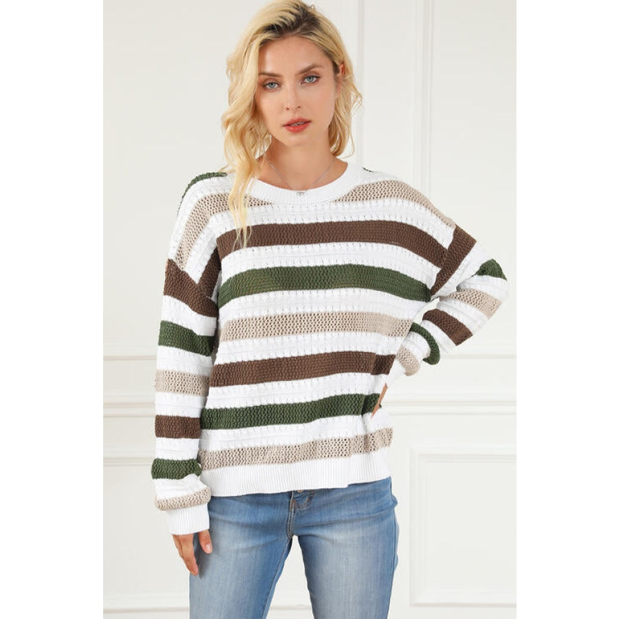 Striped Openwork Dropped Shoulder Sweater