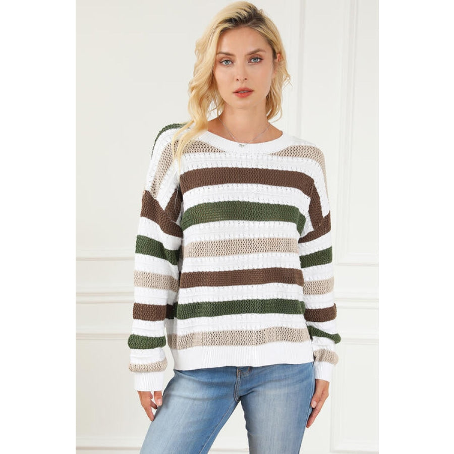 Striped Openwork Dropped Shoulder Sweater