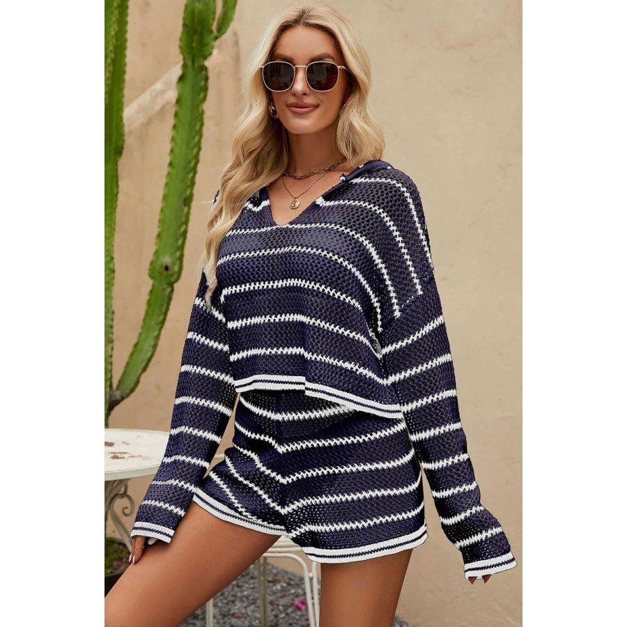 Striped Openwork Knit Hoodie and Shorts Set