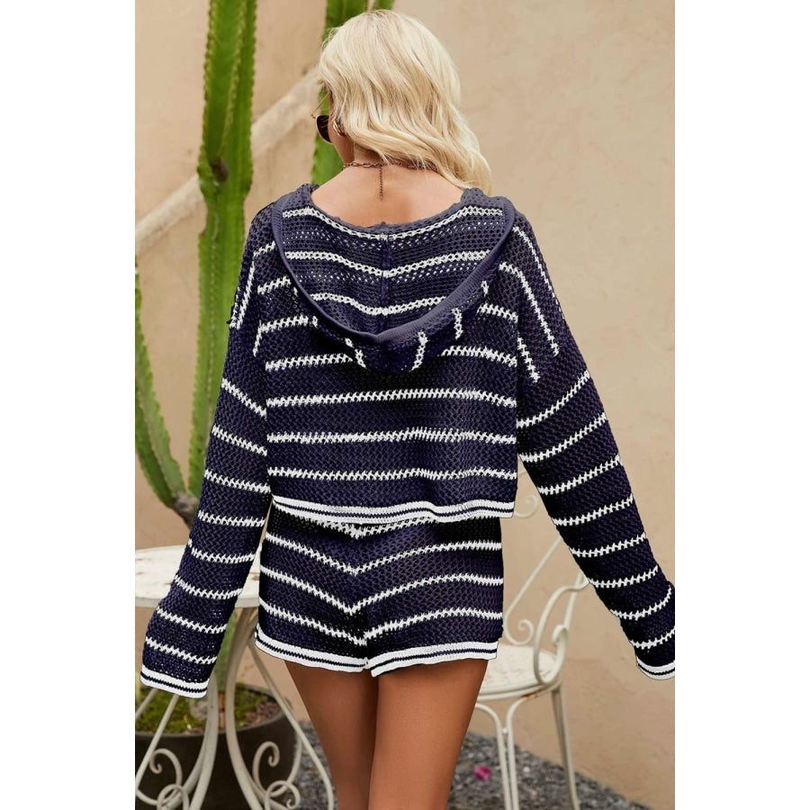 Striped Openwork Knit Hoodie and Shorts Set