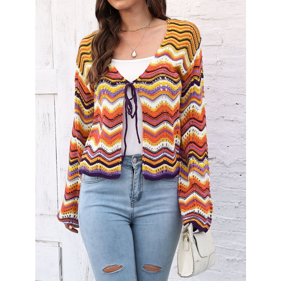 Striped Openwork Tied Cardigan