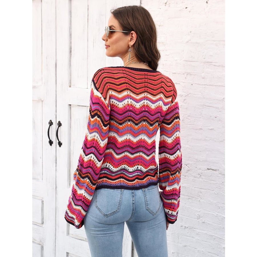 Striped Openwork Tied Cardigan