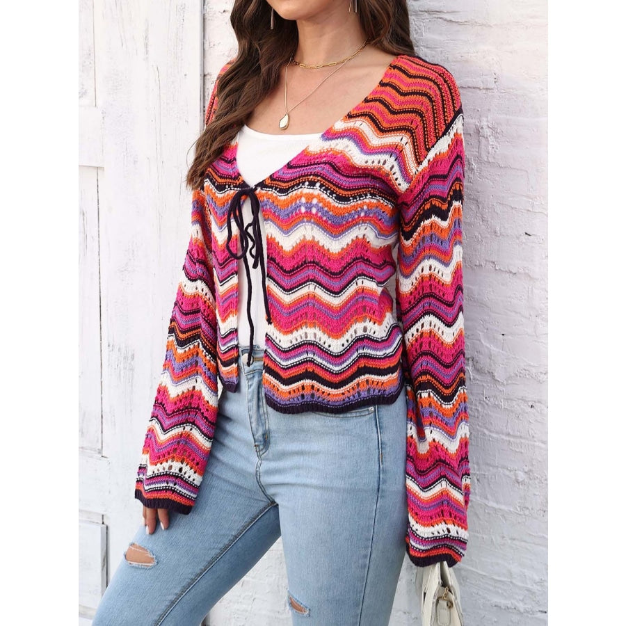 Striped Openwork Tied Cardigan