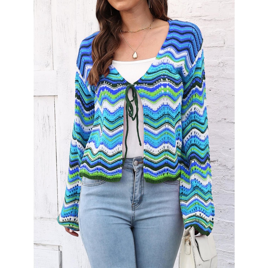 Striped Openwork Tied Cardigan