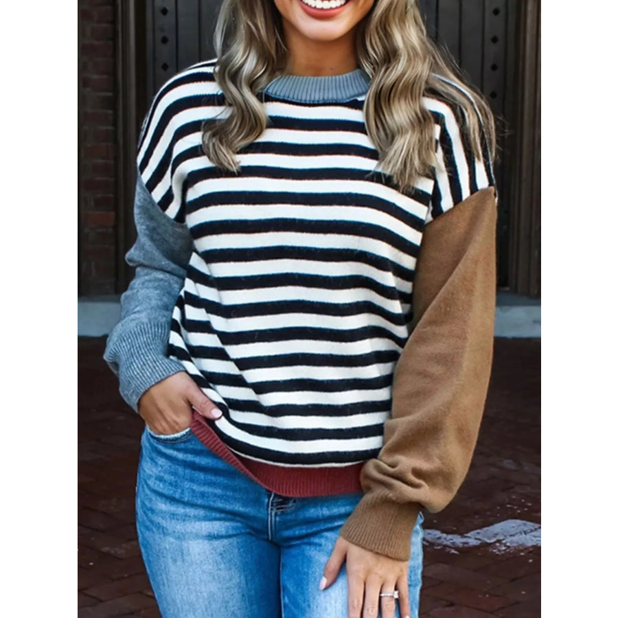 Striped Panels Colorblock Sleeve Sweater Stripe / S Apparel and Accessories