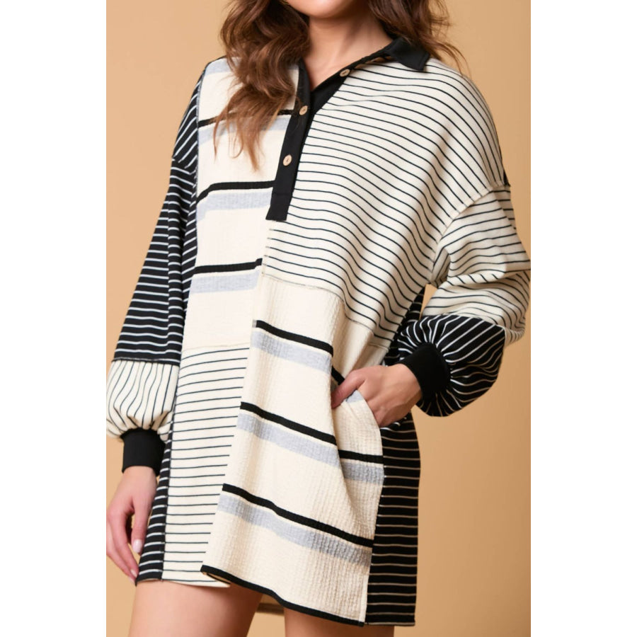 Striped Patchwork Long Sleeve Mini Dress Apparel and Accessories