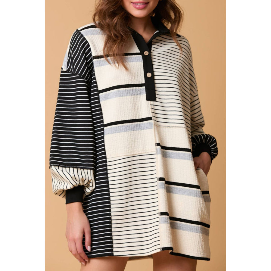 Striped Patchwork Long Sleeve Mini Dress Stripe / S Apparel and Accessories