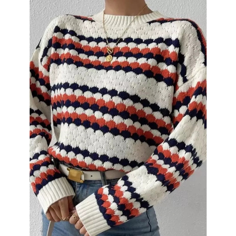 Striped Pattern Round Neck Sweater Apparel and Accessories