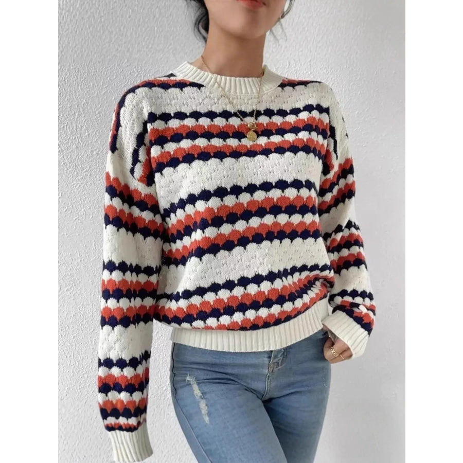 Striped Pattern Round Neck Sweater Apparel and Accessories