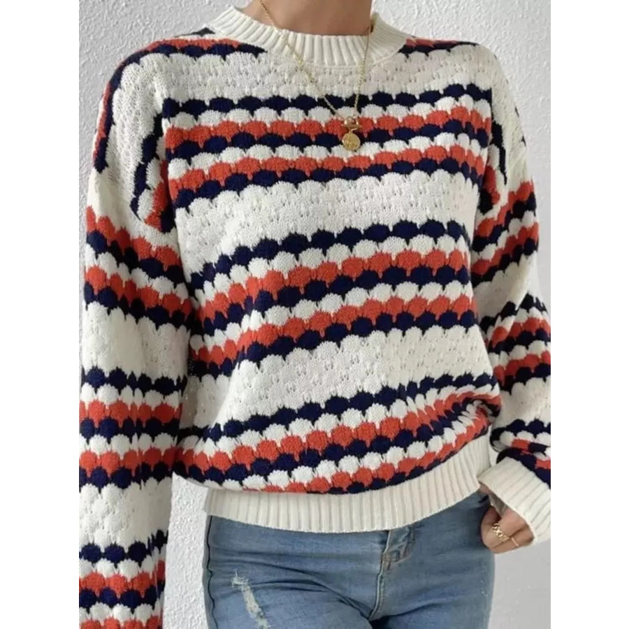 Striped Pattern Round Neck Sweater Apparel and Accessories