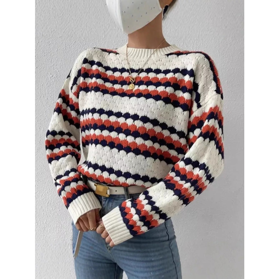 Striped Pattern Round Neck Sweater Multicolor / S Apparel and Accessories