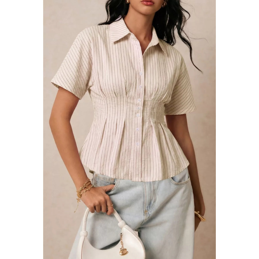 Striped Peplum Button Up Shirt Beige / S Apparel and Accessories