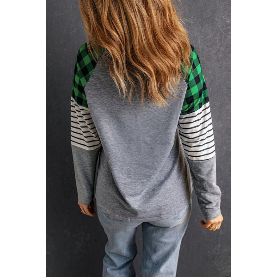 Striped Plaid Round Neck Long Sleeve T - Shirt Apparel and Accessories