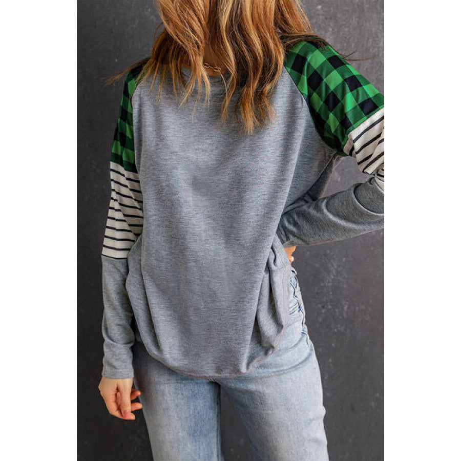 Striped Plaid Round Neck Long Sleeve T - Shirt Apparel and Accessories