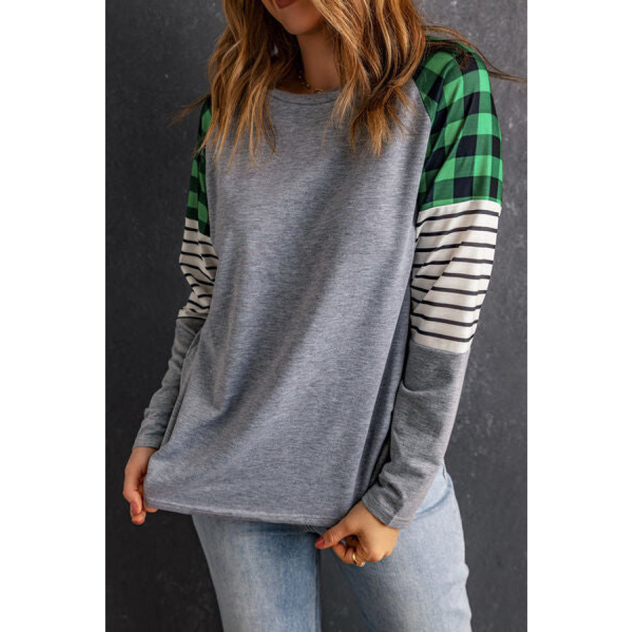 Striped Plaid Round Neck Long Sleeve T - Shirt Cloudy Blue / S Apparel and Accessories