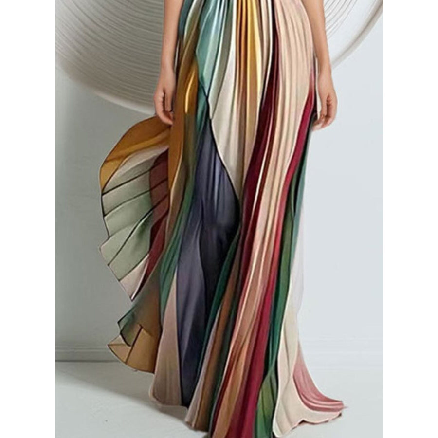 Striped Pleated Strapless Maxi Dress Multicolor / S Apparel and Accessories