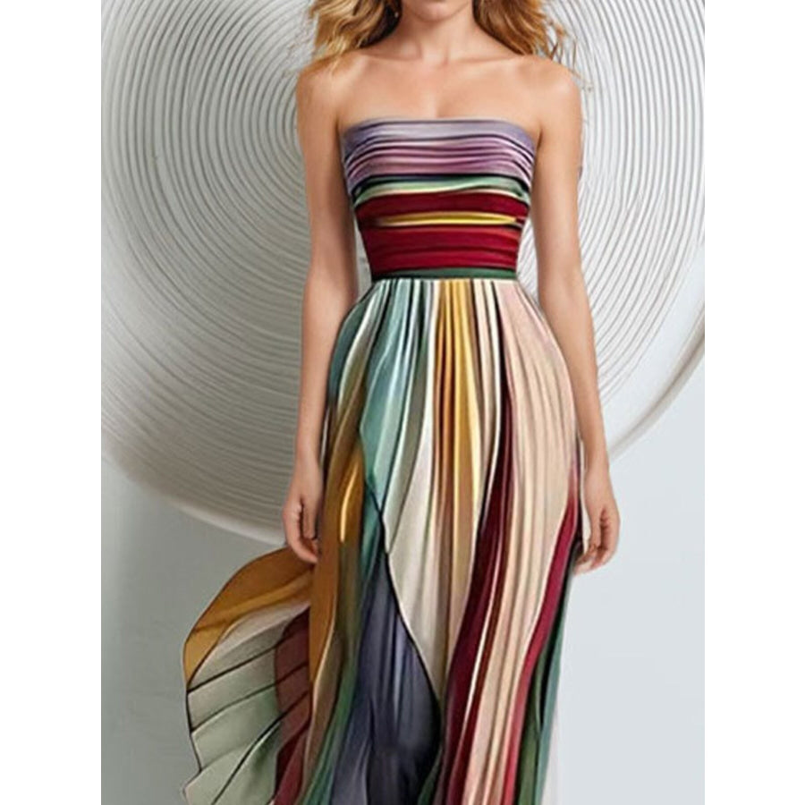 Striped Pleated Strapless Maxi Dress Apparel and Accessories
