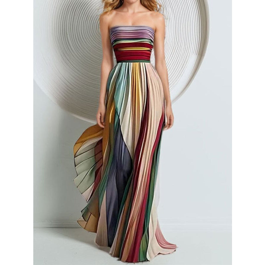 Striped Pleated Strapless Maxi Dress Multicolor / S Apparel and Accessories
