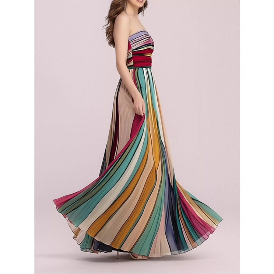 Striped Pleated Tube Maxi Dress Apparel and Accessories