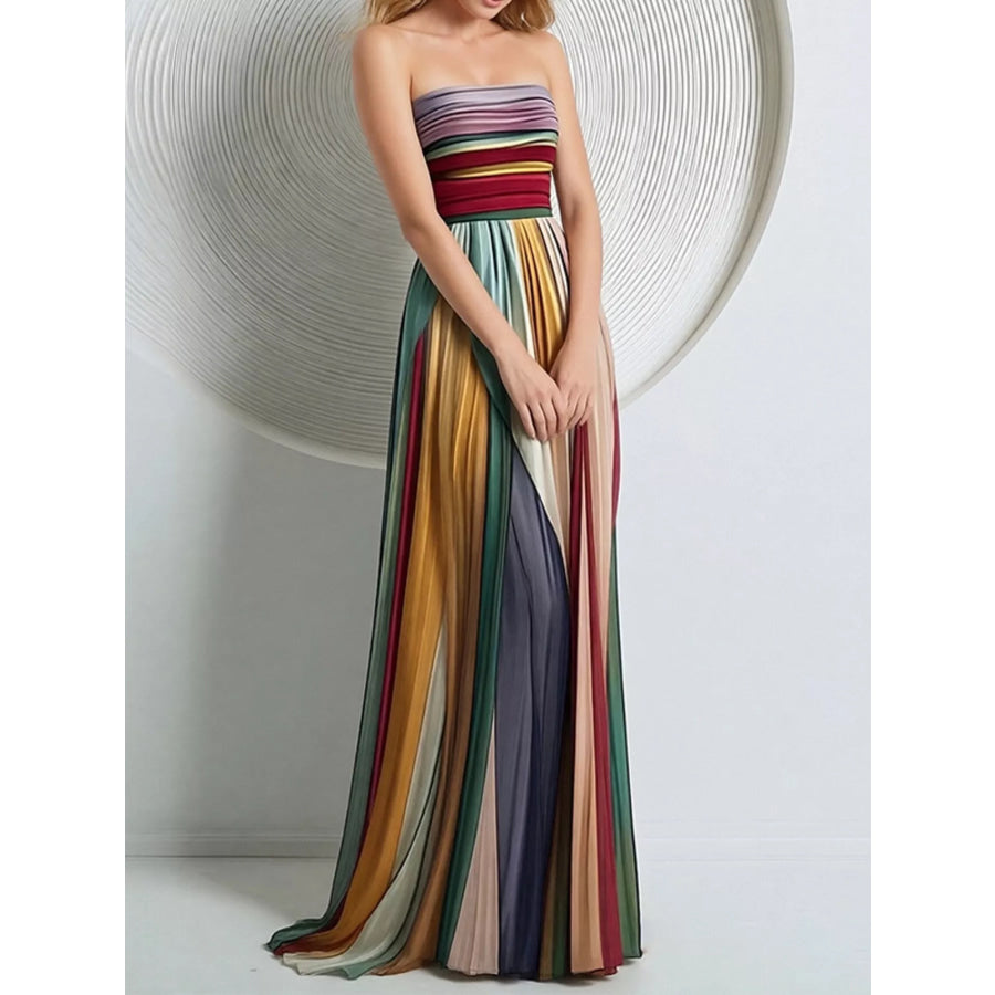 Striped Pleated Tube Maxi Dress Apparel and Accessories