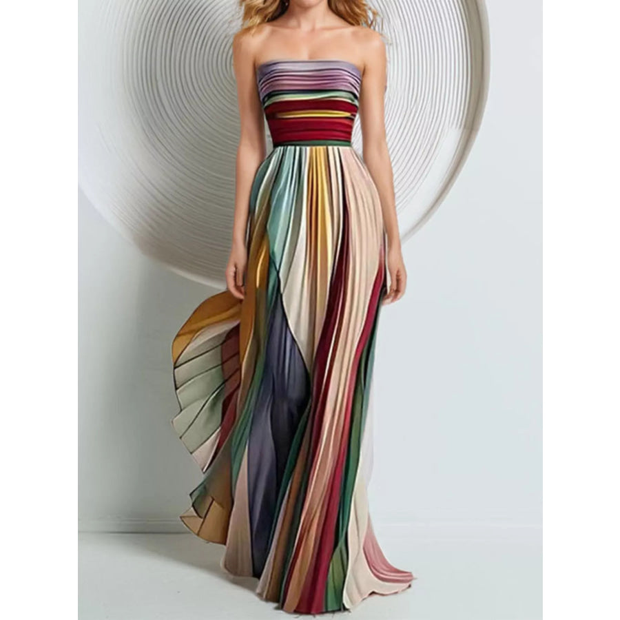 Striped Pleated Tube Maxi Dress Apparel and Accessories