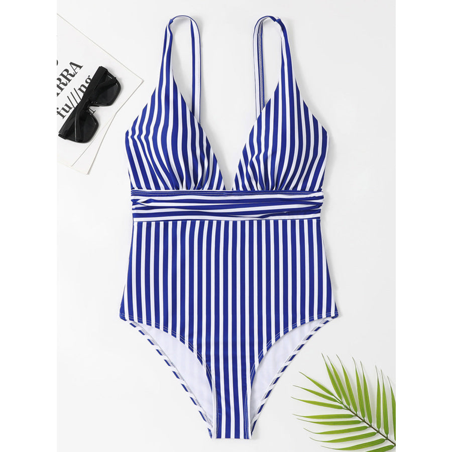 Striped Plunge Sleeveless One - Piece Swimwear Apparel and Accessories