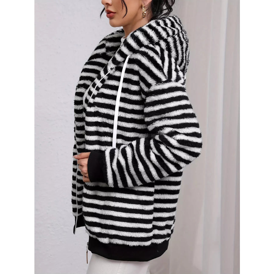 Striped Plush Zip-Up Hooded Outerwear Apparel and Accessories