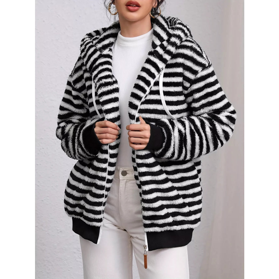 Striped Plush Zip-Up Hooded Outerwear Apparel and Accessories