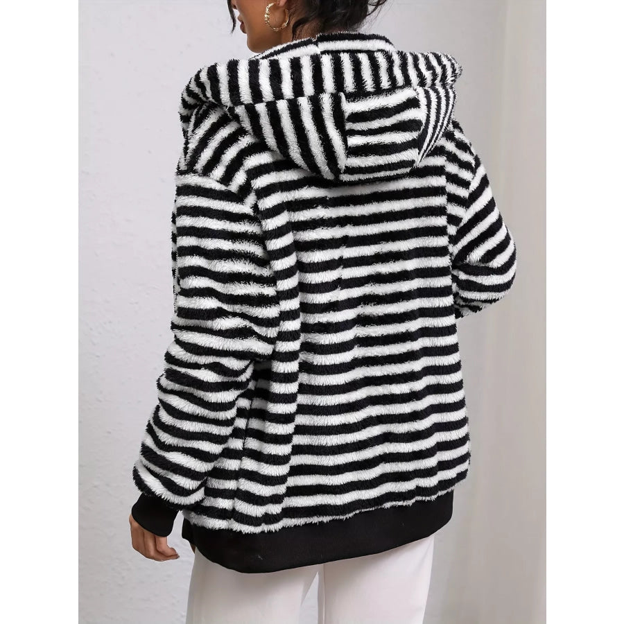 Striped Plush Zip-Up Hooded Outerwear Apparel and Accessories