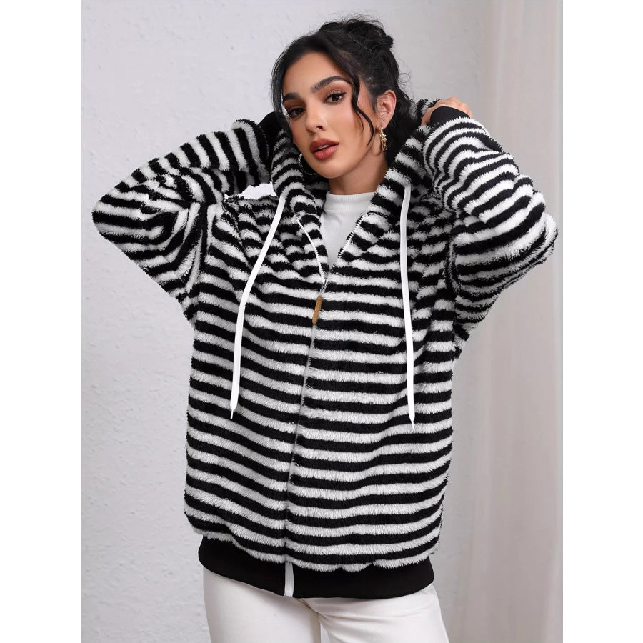 Striped Plush Zip-Up Hooded Outerwear Black / S Apparel and Accessories