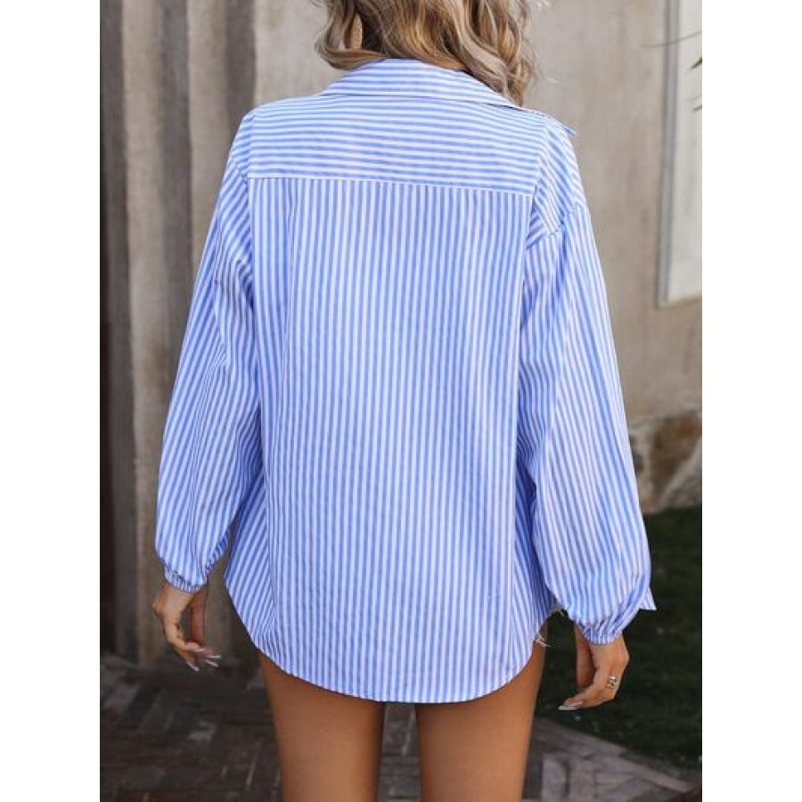 Striped Pocketed Button Up Long Sleeve Shirt Apparel and Accessories