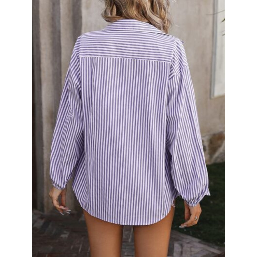 Striped Pocketed Button Up Long Sleeve Shirt Apparel and Accessories