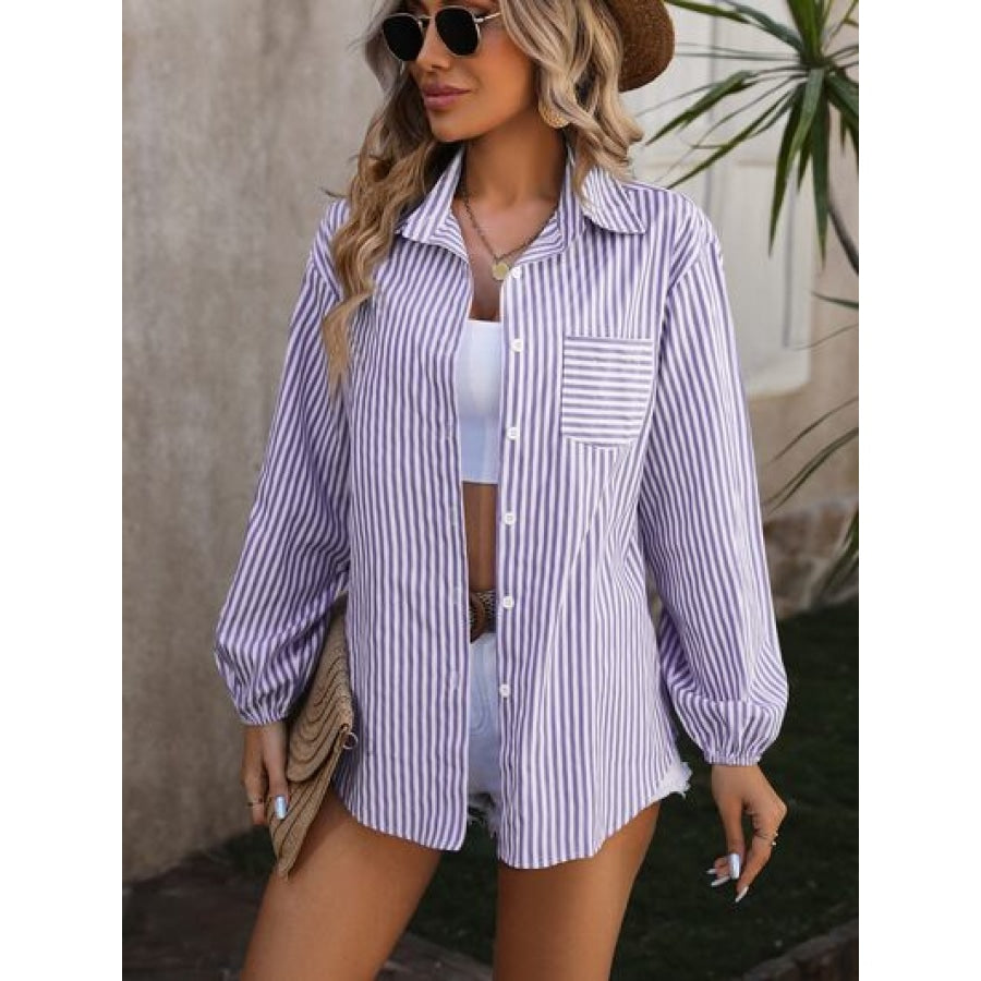 Striped Pocketed Button Up Long Sleeve Shirt Apparel and Accessories