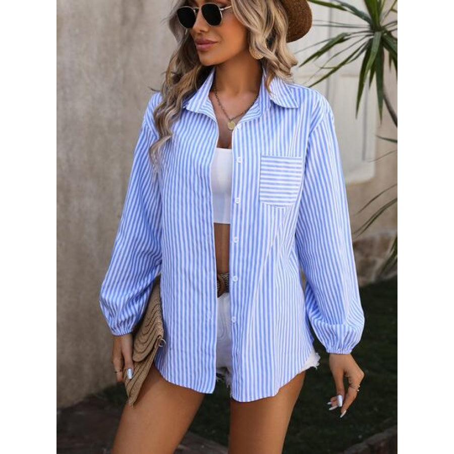 Striped Pocketed Button Up Long Sleeve Shirt Apparel and Accessories