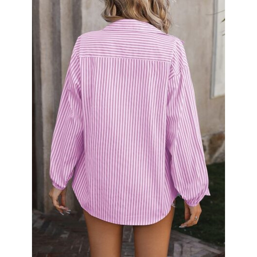 Striped Pocketed Button Up Long Sleeve Shirt Apparel and Accessories