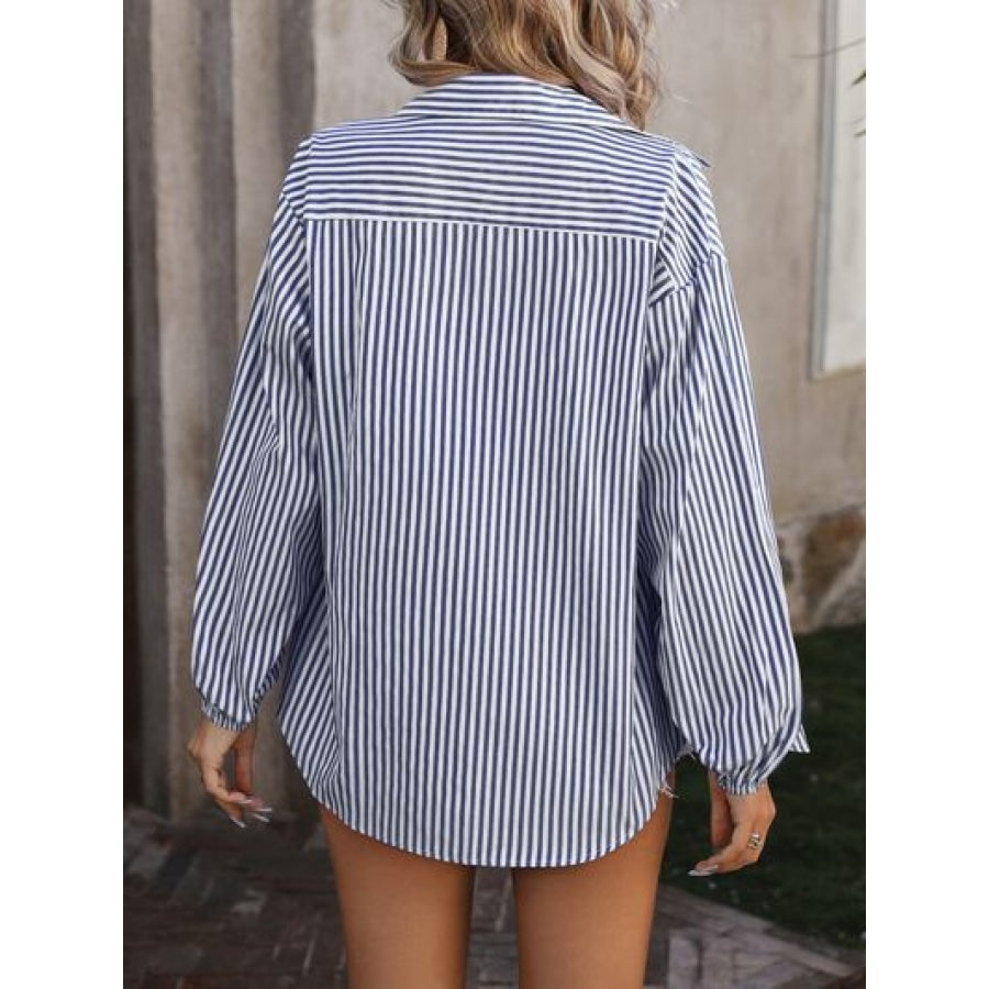 Striped Pocketed Button Up Long Sleeve Shirt Apparel and Accessories