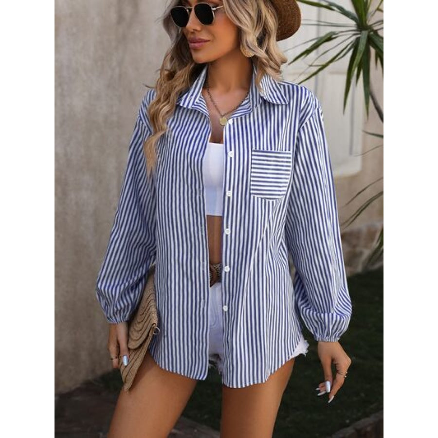 Striped Pocketed Button Up Long Sleeve Shirt Navy / S Apparel and Accessories