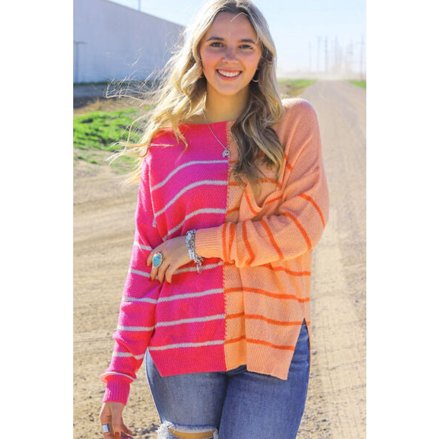 Striped Pocketed Dropper Shoulder Sweater Clothing