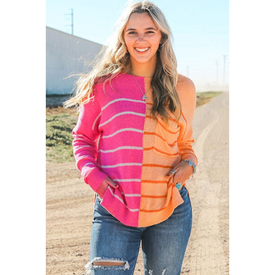 Striped Pocketed Dropper Shoulder Sweater Clothing