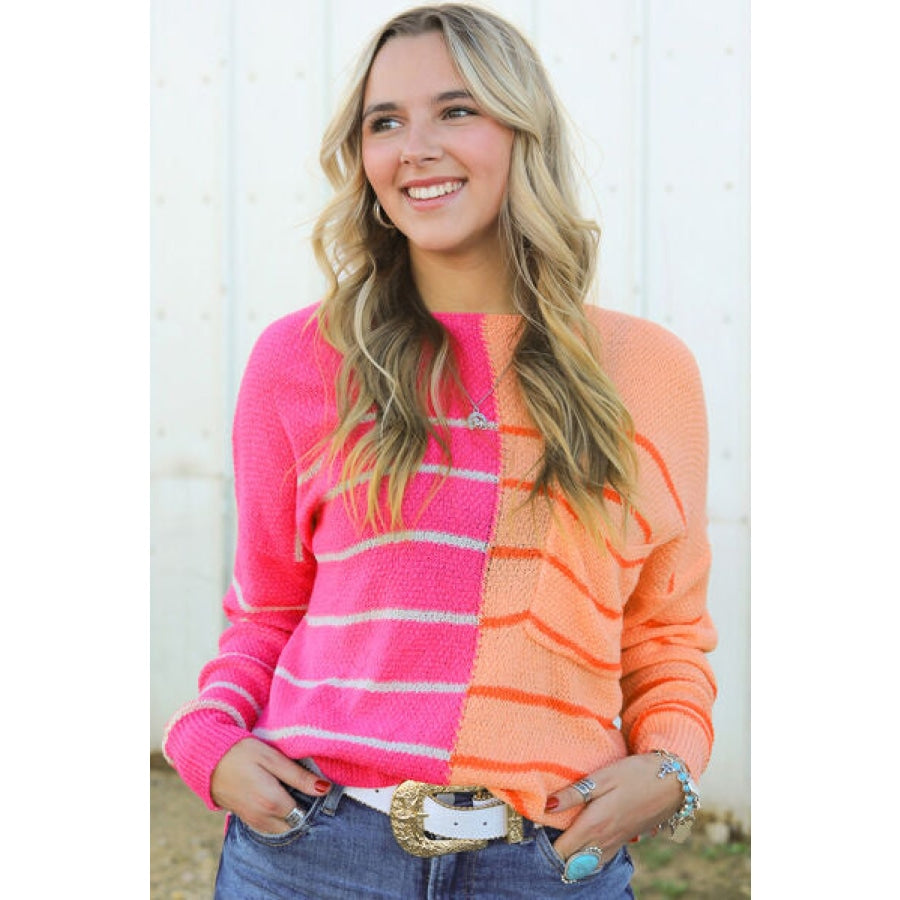 Striped Pocketed Dropper Shoulder Sweater Hot Pink / S Clothing