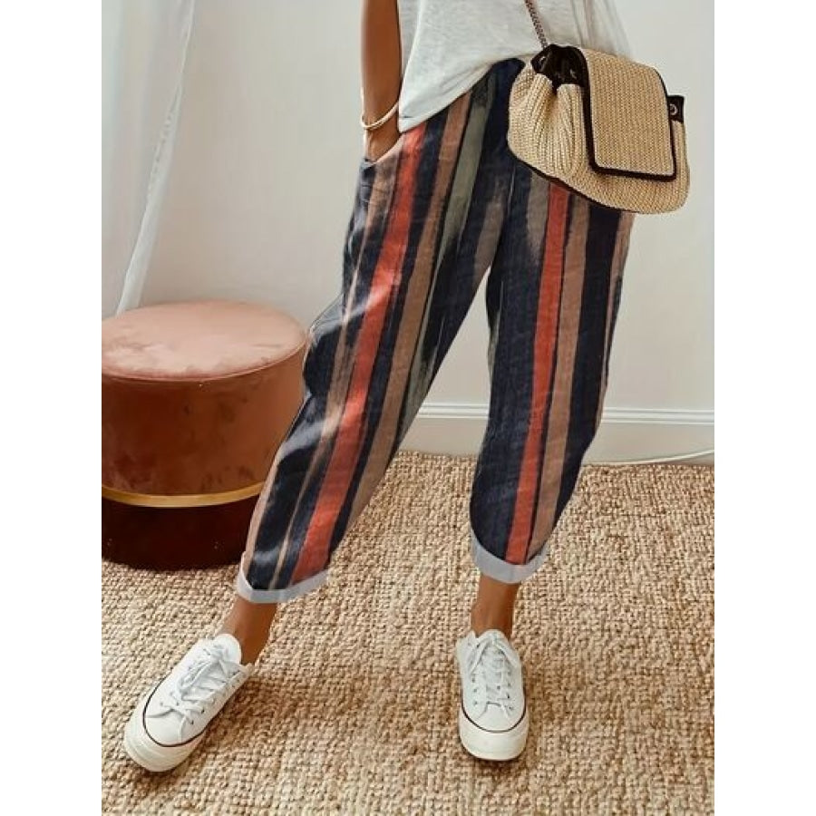 Striped Pocketed Elastic Waist Pants Black / S Apparel and Accessories