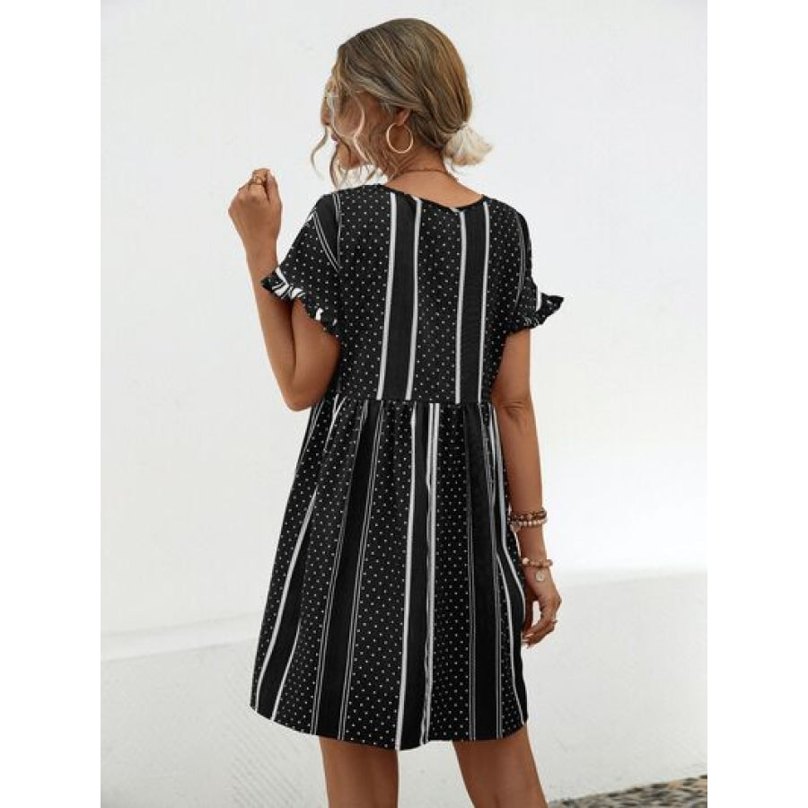 Striped Polka Dot Frill Short Sleeve Mini Dress Black / S Apparel and Accessories