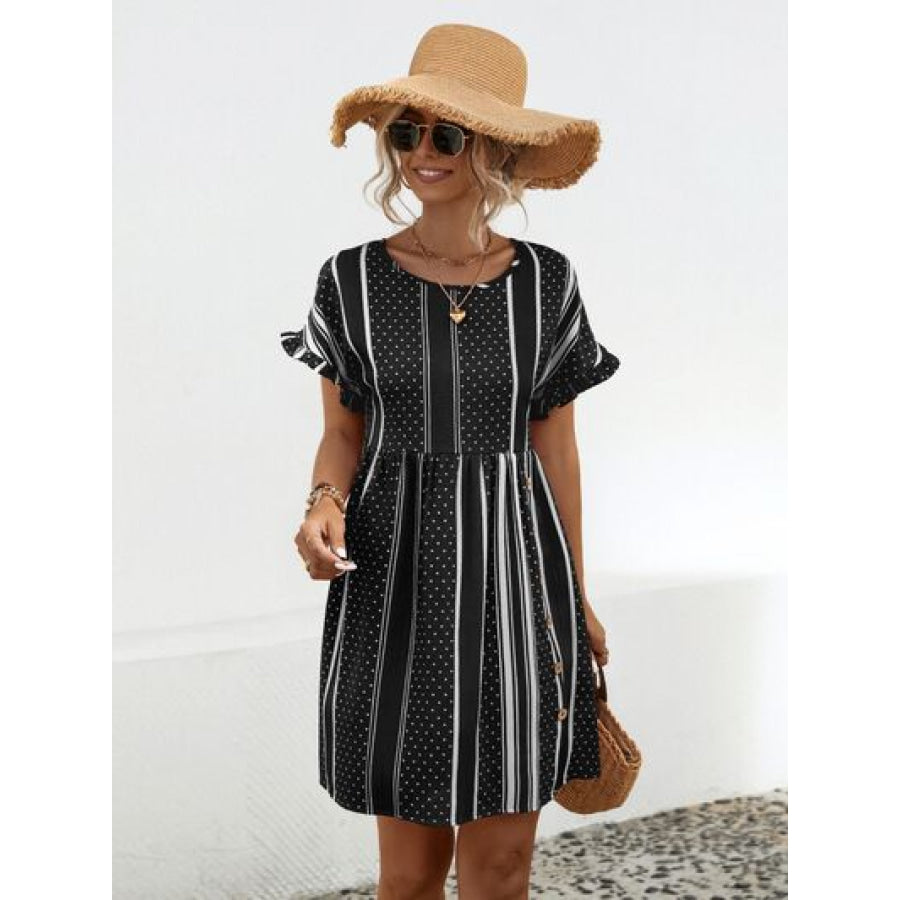 Striped Polka Dot Frill Short Sleeve Mini Dress Black / S Apparel and Accessories